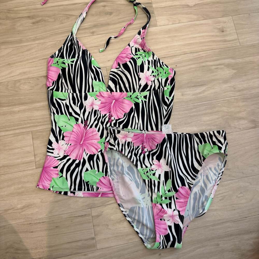Caribbean Sand Tropical Hibiscus Zebra Print Tankini Set
